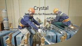  Presentation with industrial workers - Slide deck having transformer protection - industrial electrician lineman repairman workers background and a soft green colored foreground