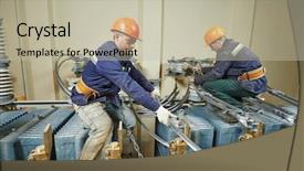  Presentation with transformer power - Amazing PPT layouts having transformer protection - power electricians lineman at work backdrop and a mint green colored foreground