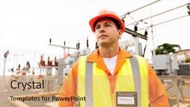  Presentation with substation - Slide deck having transformer protection - thoughtful male engineer looking up background and a  colored foreground