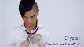  Presentation with transgender - Cool new presentation theme with transgender woman tying necktie while standing against white background backdrop and a sky blue colored foreground