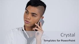  Presentation with transgender - Audience pleasing PPT layouts consisting of transgender woman using smart phone while standing against white background backdrop and a lemonade colored foreground