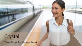 Presentation with train transport - Slides featuring transit time - happy asian traveler smiling going background and a coral colored foreground