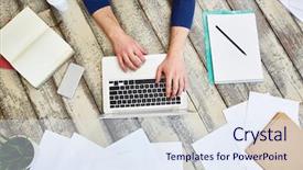  Presentation with translation - PPT theme enhanced with translation - top view of unrecognizable freelancer background and a sky blue colored foreground