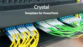  Presentation with fiber optic - Audience pleasing PPT theme consisting of fiber optic telecommunication equipment and patchcords inside a network infrastructure backdrop and a yellow colored foreground