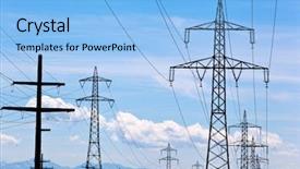  Presentation with nuclear - Audience pleasing presentation theme consisting of transmission nuclear - high voltage pylons for electricity backdrop and a light blue colored foreground