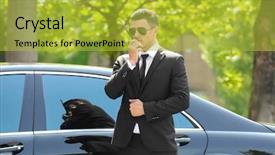  Presentation with handsome - Colorful slides enhanced with transmitter - handsome bodyguard near car outdoors backdrop and a yellow colored foreground