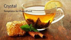  Presentation with green tea - Cool new slide deck with natural medicine - transparent cup of green tea backdrop and a coral colored foreground