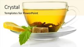  Presentation with green tea - Amazing presentation theme having transparent cup of green tea with lemon and mint isolated on white backdrop and a yellow colored foreground
