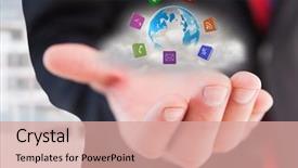  Presentation with application - Audience pleasing theme consisting of transparent world map white - businessman hand with application icons backdrop and a coral colored foreground