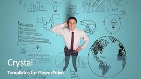  Presentation with businessman standing on mountain top - Beautiful slide set featuring transparent world map white - digital composite image of businessman backdrop and a teal colored foreground