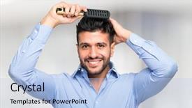  Presentation with transplant - Cool new slide deck with transplant - happy man combing his hair backdrop and a light blue colored foreground