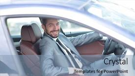  Presentation with car business - Colorful slide deck enhanced with transpors - portrait of an handsome smiling backdrop and a seafoam green colored foreground