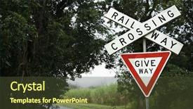  Presentation with railroad crossing railroad crossing sign - Audience pleasing presentation theme consisting of transpors - railroad crossing sign near backdrop and a tawny brown colored foreground