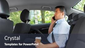  Presentation with takeaway coffee - Cool new PPT theme with transport business and communication concept - businessman drinking takeaway coffee and calling on smartphone on back seat of taxi car backdrop and a tawny brown colored foreground