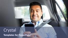  Presentation with car business - Cool new PPT layouts with transport business and communication concept - smiling male passenger or businessman using smartphone on back seat of taxi car backdrop and a ocean colored foreground