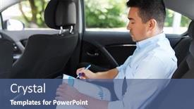  Presentation with car seat - Presentation design featuring transport business and corporate concept - businessman with charts in folder working on back seat of taxi car background and a ocean colored foreground