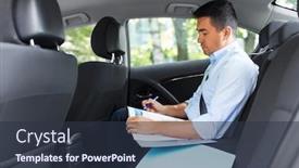  Presentation with car seat - Beautiful PPT theme featuring transport business and corporate concept - businessman with charts in folder working on back seat of taxi car backdrop and a tawny brown colored foreground