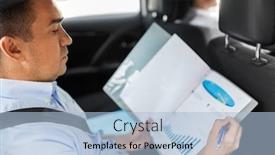  Presentation with car seat - Theme featuring transport business and corporate concept - businessman with charts in folder working on back seat of taxi car background and a light blue colored foreground