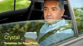 Presentation with car seat - Presentation design consisting of transport business and people concept - middle-aged man drinking takeaway coffee on back seat of taxi car and looking through open window background and a tawny brown colored foreground
