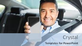  Presentation with car business - Beautiful PPT theme featuring transport business and technology concept - smiling male passenger or businessman showing smartphone on back seat of taxi car backdrop and a light blue colored foreground
