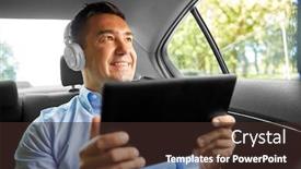  Presentation with car seat - Beautiful slide set featuring transport business and technology concept - male passenger or businessman with wireless headphones using tablet pc computer on back seat of taxi car backdrop and a tawny brown colored foreground