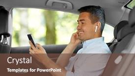  Presentation with car seat - Presentation design enhanced with transport business and technology concept - smiling male passenger or businessman with wireless earphones using smartphone on back seat of taxi car background and a tawny brown colored foreground
