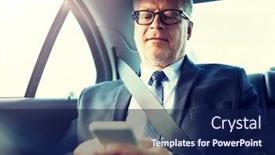  Presentation with car business - Slides consisting of transport business trip technology and people concept - senior businessman texting on smartphone and driving on car back seat background and a navy blue colored foreground