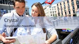  Presentation with tourists - Presentation with transport city - couple of tourists in madrid background and a light blue colored foreground