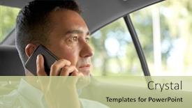  Presentation with car seat - Theme enhanced with transport communication and business concept - male passenger or businessman calling on smartphone on back seat of taxi car background and a soft green colored foreground