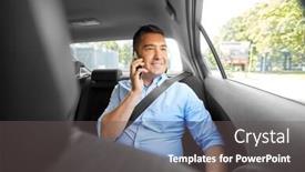  Presentation with car seat - Presentation design having transport communication and business concept - male passenger or businessman calling on smartphone on back seat of taxi car background and a dark gray colored foreground