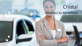  Presentation with car dealer - Theme having female car dealer standing background and a light blue colored foreground