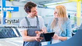  Presentation with handover - Presentation design having damage control - male workshop mechanic handover car background and a light blue colored foreground