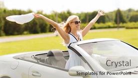  Presentation with driving road - Amazing presentation design having transport leisure road trip and people concept - happy man and woman driving in cabriolet car outdoors backdrop and a soft green colored foreground