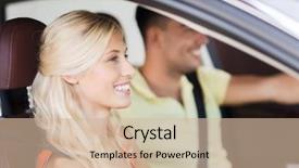  Presentation with driving road - PPT theme with transport leisure road trip and people concept - happy man and woman driving car background and a soft green colored foreground