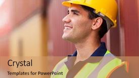  Presentation with optimistic - Audience pleasing presentation theme consisting of transport logistics - optimistic young harbor worker backdrop and a coral colored foreground