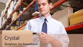  Presentation with scanning - Colorful PPT theme enhanced with logistique - businessman scanning package in warehouse backdrop and a coral colored foreground