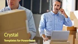  Presentation with distribution - Amazing PPT theme having management coordination - manager using headset in distribution backdrop and a tawny brown colored foreground