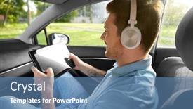  Presentation with car seat - Slide set featuring transport people and technology concept - male passenger with wireless headphones using tablet pc computer on back seat of taxi car background and a teal colored foreground