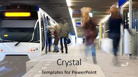  Presentation with train transport - Theme with transport persons - commuters rushing onto the platform background and a soft green colored foreground