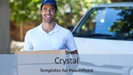  Presentation with delivery van - Audience pleasing slide deck consisting of transport persons - portrait of smiling delivery man backdrop and a light blue colored foreground