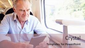  Presentation with reading - Presentation theme enhanced with transport persons - senior man reading e book background and a  colored foreground
