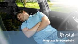  Presentation with rest - Beautiful theme featuring transport rest and driving concept - tired man or driver sleeping in car backdrop and a teal colored foreground