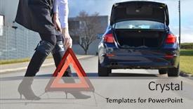  Presentation with car accident cartoon - Beautiful slide deck featuring transport roadside assistance - girl broken car and warning backdrop and a light gray colored foreground