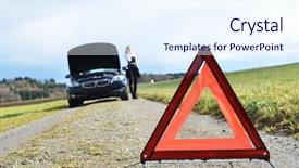  Presentation with triangle - Colorful slide set enhanced with transport roadside assistance - girl broken car and warning backdrop and a sky blue colored foreground