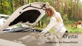  Presentation with car - Presentation theme having transport roadside assistance - woman opened the hood broken background and a  colored foreground
