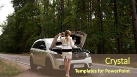  Presentation with car - Colorful theme enhanced with transport roadside assistance - woman opened the hood broken backdrop and a  colored foreground