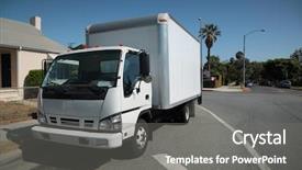 Presentation with truck - Presentation theme enhanced with transport service - white moving truck on suburb background and a gray colored foreground