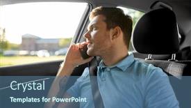  Presentation with car seat - Cool new PPT layouts with transport technology and communication concept - male passenger calling on smartphone on back seat of taxi car backdrop and a ocean colored foreground