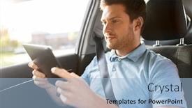  Presentation with car seat - PPT layouts featuring transport technology and people concept - male passenger using tablet computer on back seat of taxi car background and a light blue colored foreground