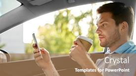  Presentation with car seat - Colorful slide set enhanced with transport technology and people concept - male passenger drinking coffee and using smartphone on back seat of taxi car backdrop and a coral colored foreground